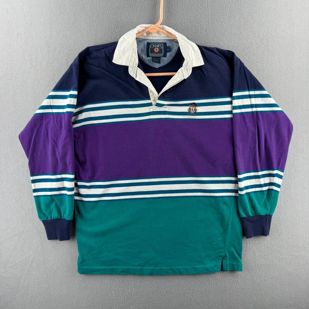 Vintage Chaps Ralph Lauren Rugby Shirt Mens Large Striped Cotton Polo 90s
